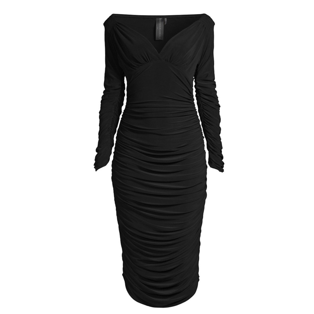 Norma Kamali Black Long-Sleeve Ruched Midi Dress L